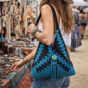 Hand Crafted Crochet Bag Hobo Purse Tote Three Granny Square Cotton Teal Black